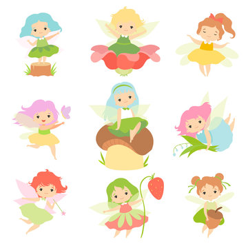 Cute Little Forest Fairies Set, Lovely Fairies Girls Cartoon Characters with Colored Hair and Wings Vector Illustration