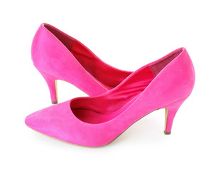 Pair of stylish female shoes on white background