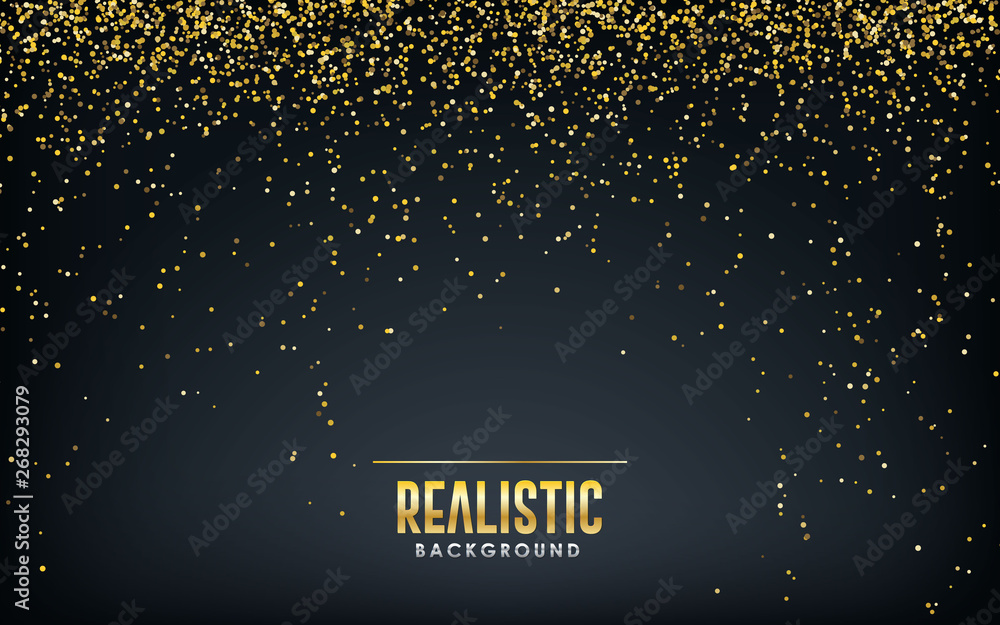 Poster dark abstract background with black circle overlap layers. golden glitters dots element decoration.