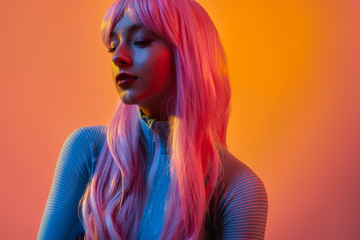 Futuristic lady with long pink hair