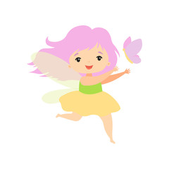 Little Forest Fairy Flying with Butterfly, Lovely Fairy Girl Cartoon Character Vector Illustration