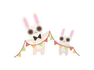 Obraz premium Happy Family of Bunnies, Father and Baby Rabbits Celebrating with Party Flags, Cute Cartoon Hares Characters Vector Illustration