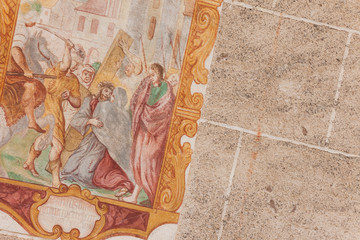 Detail of some painting out of the St.Magdalena little church in Val di Funes representing a moment on the Way of the cross