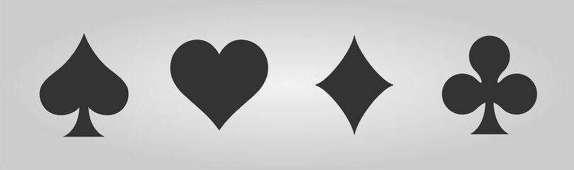 Set of playing card suits isolated on gray background. Spades, hearts, diamonds, clubs icons. Game cards signs. Vector illustration.