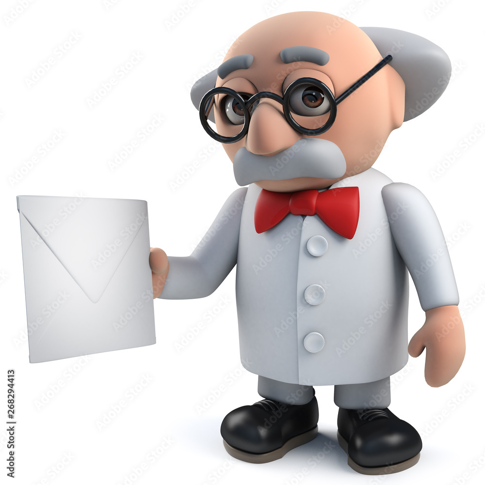 Sticker mad scientist in 3d holding an envelope