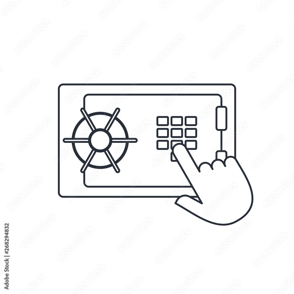 Poster the hand opens the safe with a combination lock. vector linear icon.