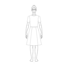 Illustration of women's skirt, shirt, pants, jacket, jeans, dress. Office or school capsule wardrope. Casual style. Technical drawing 