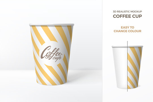 Vector 3d Realistic Mockup Of White Paper Coffee Cup With Yellow Striped Pattern.  Template For Drink Packaging Design. Easy To Change Colour. Isolated From Background.