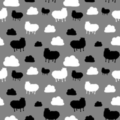 Seamless pattern with cute sheep and clouds.Grey backgraund
