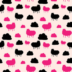 Seamless pattern with cute sheep and clouds. pink backgraund