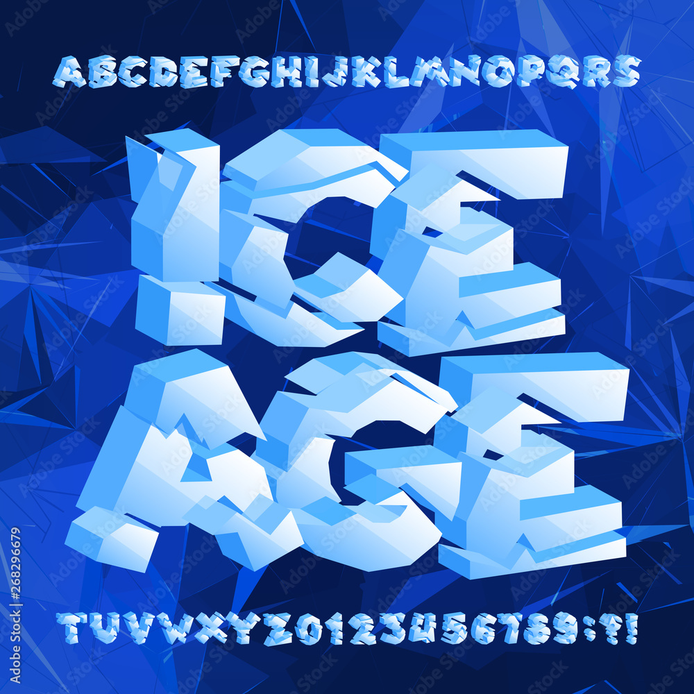 Poster ice age alphabet font. frozen 3d letters and numbers on blue polygonal background. stock vector type