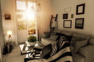 Sonnenaufgang im Wohnzimmer mit Balkon (3d rendering)