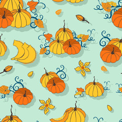 Fall Pumpkins with Vines and Flowers Seamless Pattern