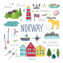 Norway vector set. Travel Norway illustrations: houses, animals, food, nature. Scandinavian elements on white background