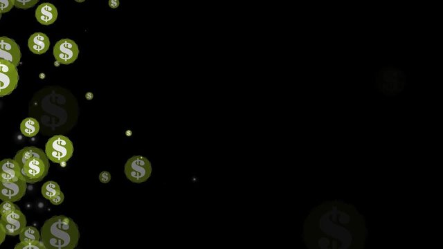 Animated shinning gold dollar sign exploding and flying toward camera in slow motion and against transparent background. Alpha channel embedded with PNG file.