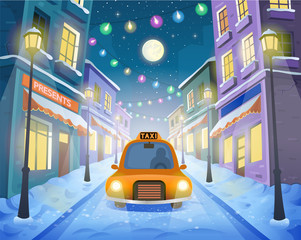 Road over the street with taxi, lanterns and a garland. Vector illustration of the city street in cartoon style.