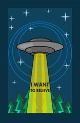  UFO illuminates the forest. Vector graphics.