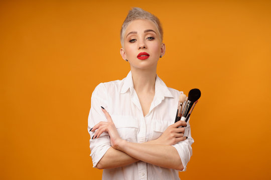 Close up portrait makeup artist. Make up courses. Concept of self visage masterclasess. Fashion professional. - Powered by Adobe