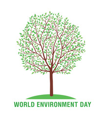 World Environment Day card or background with summer green tree. Vector illustration.