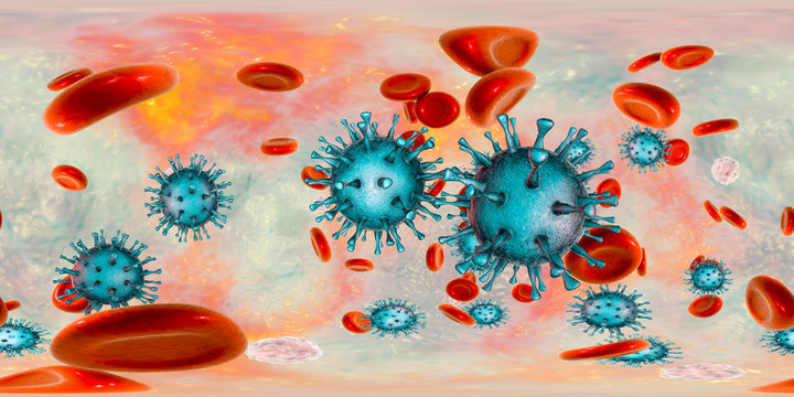 Cytomegaloviruses CMV in human blood, 360-degree spherical panorama, 3D illustration. A DNA virus from Herpesviridae family, mostly causes diseases in newborns and immunocompromised patients