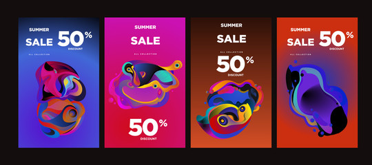 Vector summer sale 50% discount with fluid colorful background. Summer banner, website, poster, and sales promotion background set.