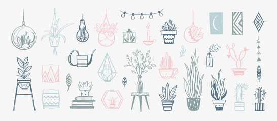 Cozy interior decor Vector elements . Hand drawn house plants and decorations for home - obrazy, fototapety, plakaty