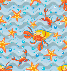 Naklejka na ściany i meble Orange hermit crab and crab on the waves. Seamless pattern. Design for children's textiles, background image for packaging materials. Cartoon style