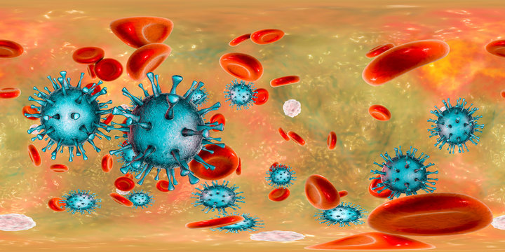 Cytomegaloviruses CMV in human blood, 360-degree spherical panorama, 3D illustration. A DNA virus from Herpesviridae family, mostly causes diseases in newborns and immunocompromised patients