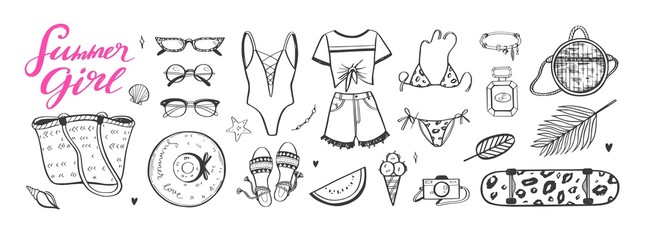 Vector set of Summer fashion trends for woman and girls. Beach, ocean modern style. Hand drawn fashion illustrations. Isolated on white