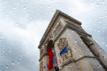 Paris during heavy Rain, raining Day in Paris, Drops on the window 