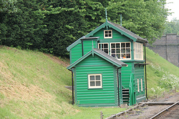 Fototapeta na wymiar A Traditional Green Wooden Railway Signal Box.