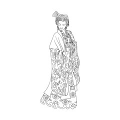 Hand drawn Vector illustration. Japanese Woman for adult coloring book