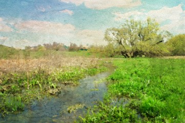 Watercolor paintings landscape, river in the forest. Fine art.