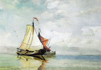 Watercolor paintings landscape, sailing boat on the sea. Fine art.