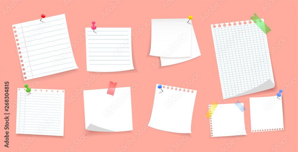 Poster paper notes, sheets of notebooks secured with a button, a pin and an adhesive tape. stickers. notes 