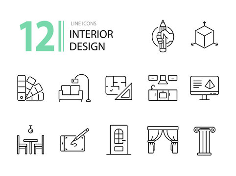 Interior design line icon set. Pencil, ruler, furniture, room. Home concept. Can be used for topics like house project, renovation, home design