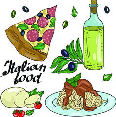 Vector color doodle illustration on white background. Italian food: pizza, mozzarella, pasta, olive oil and tomatoes. postcard and logo ideas. Good for printing.