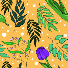 Vector seamless pattern with leaf, leaves and flower, tulip on orange background. Wallpaper and textile design.Good for printing. Wrapping paper idea.