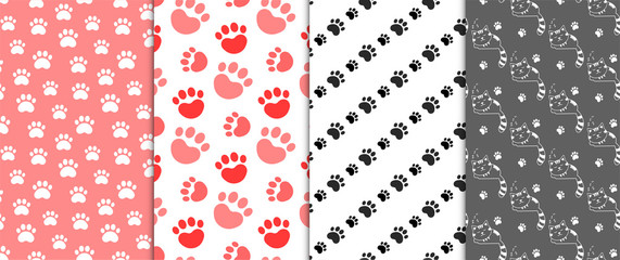 A collection of seamless backgrounds with patterns of cat feet and cats.