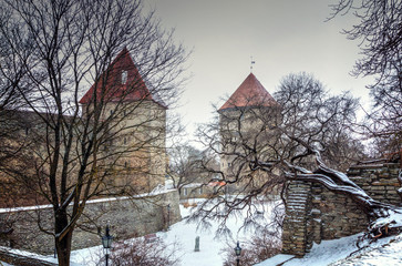 Winter view on ancient wall of  old Tallinn, Estonia