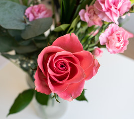 Red, pink flower bouquet. Indoors with white background. 
