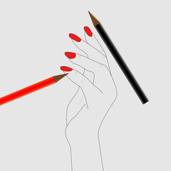 hand drawn with pencils. Red nails. Vector graphics