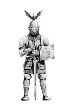 Fantasy medieval knight illustration. Knight with sword drawing. Digital drawing.