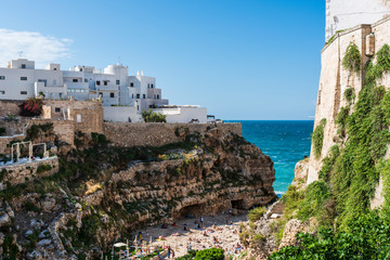 Rough sea on the coast of Puglia. Enchantment of Polignano a Mare. Italy