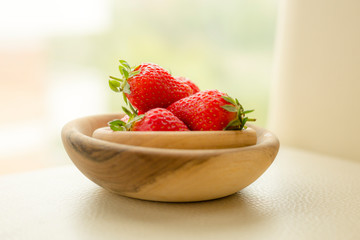 Top View Wooden Bowls Fresh Strawberries Table