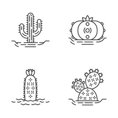 Wild cactuses in ground linear icons set