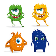 Set of Cartoon  colorful monsters with toothbrush. Bacteria with large eye, teeth, hands, feet. Microorganism on a white background. 