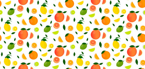 Seamless pattern of citrus fruits and fruit slices. Pattern of citrus fruits.