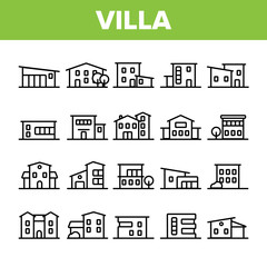 Luxurious Villa, Cottage Linear Vector Icons Set. Fashionable House, Villa Thin Line Contour Symbols Pack. Real Estate Business Pictograms Collection. Suburban Manor Exterior Outline Illustrations