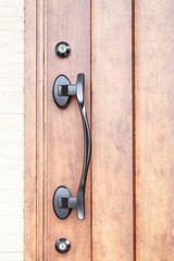 BLack metal door handle and wood door